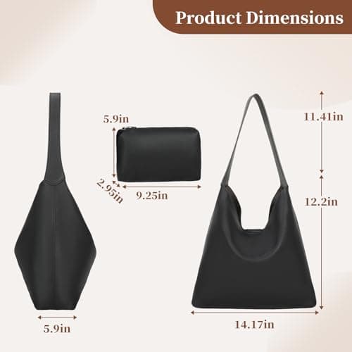 BotaBay Women's Hobo Bag Soft Vegan Leather Shoulder Bag, Large Slouchy Tote Handbag with Matching Pouch, Lightweight Everyday Underarm Bag for Work, Travel & Daily Use, Black — view 5