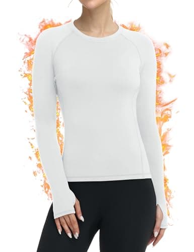 WISMBOX Womens Long Sleeve Thermal Tops, Soft Warm Fleece Lined Compression Shirts Crew Neck Winter Ski Workout Base Layer White
