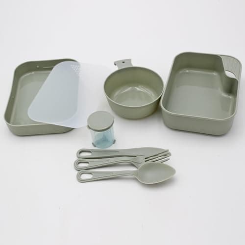 Camping Mess Tin, Outdoor Eating, Drinking Gear - 7 piece Set With Accessories Cutlery Bowl Cup and Chopping Board (Green 2564)