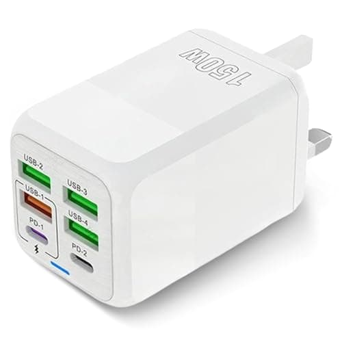 OrcoW USB C Plug Fast Charge, 150W 6-Port Multi USB Charger Plug UK Dual Port PD Power Adapter +QC Wall Plug Multiport Power Adapter for iPhone 16/15/14/13/12/11 Series/XS/XR/SE,iPad,AirPods,White