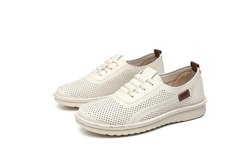 IVACHY Women's Comfort Walking Trainers, Breathable Perforated, Flat Platform Casual Work Shoes Beige — view 2
