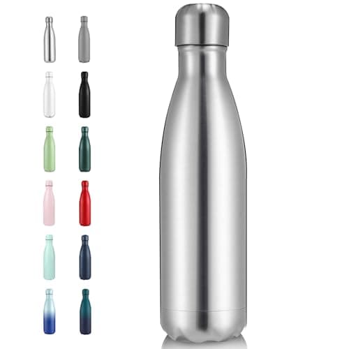 Volhoply 500ml Insulated Stainless Steel Water Bottle, Double Wall Vacuum Flask, Keeps Cold 24h & Hot 12h, Available in Packs of 1 or 4（Silver,1 Pack