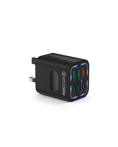 Tupneuf USB C Plug UK 50W, 6 Port USB Charger with 30W PD/PPS & 20W QC, Multiport Fast Charger Phone Charger for iPhone 17 16 15 Pro Max, iPad Pro Air, Samsung Galaxy S25 S24 S23, Android, Black