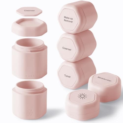 Cadence Travel Containers - Full Skincare Set - Magnetic Containers with Lids,Carry On Travel Essentials For Women/Men - 2 Small (0.56oz), 4 Medium Capsules (1.32oz), & Extender (1.43oz) - Petal