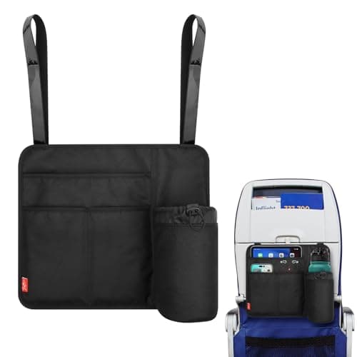 Airplane Seat Back Organizer & Storage, Airplane Tray Table Cover for Personal Items, Airline Seat Hanging Pockets Media Pouch,Reusable Travel Essentials,Fits Tablets,Cell Phone,Water Bottle (Black)