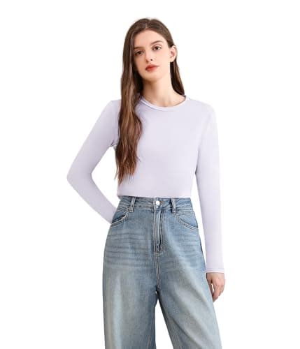 POWER FLOWER Women’s Lightweight Thermal Base Layer – Long Sleeve Round-Neck Silky Thermal Undershirt (S-M, LY140-Light Lavender)