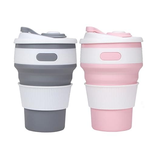Accmuzzy 2 Pack Collapsible Cup with Lid, Foldable Travel Mug for Hot Drinks, Coffee Cup, Personalised Mug for Picnic, Camping, Hiking, Office (1 Grey 1 Pink)