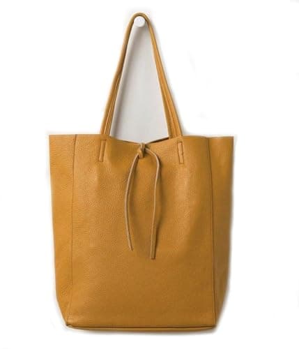 LeahWard Large Leather Hobo Shoulder Bag, Genuine Italian Hand Made Leather Shoulder Bags, A4 College School Work Business Bags (Mustard Yellow) — view 5