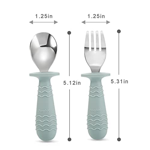 PandaEar 4 Pack Toddler Baby Cutlery Self Feeding Set, Silicone Stainless Steel Utensils Silverware Spoon Fork, 12 Months Plus, with Silicone Holding Anti-Choke Design (Morandi Green & Milky White) — view 2