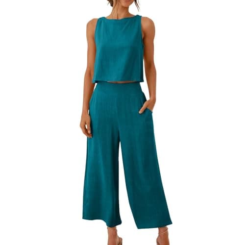 NSICBMNO Blue Co Ord Sets For Women 2 Piece Linen Travel Outfit Cropped Tank Tops Y2K Wide Leg Trousers Summer Outfits Lounge Sets Sleeveless Crop Tops Palazzo Pants Casual Tracksuits With Pockets