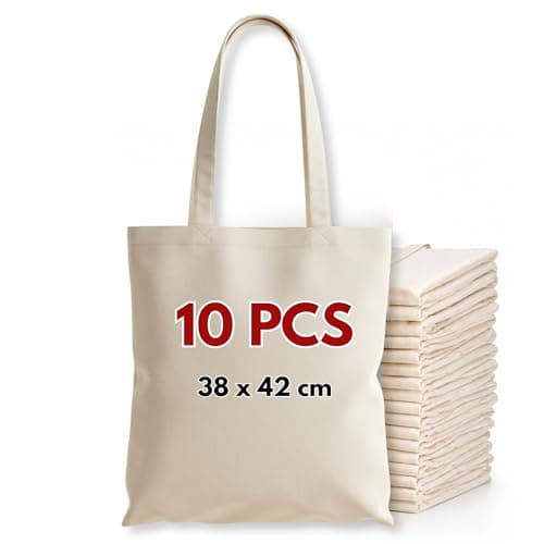 Cotton Tote Bags, Bulk Shopping Bag Cotton Bags, Multipack, 100% Cotton Canvas, Reusable Grocery Cloth Bag, Extra Strong Long Handle Double Stitched Ideal for Printing 5 10 20 pack (10, Natural)
