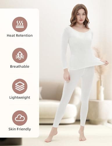 Vinconie Women Thermal Underwear Slimming Top & Bottom Pajama White Yoga Pants, 1 Pack Ivory White, L — view 6