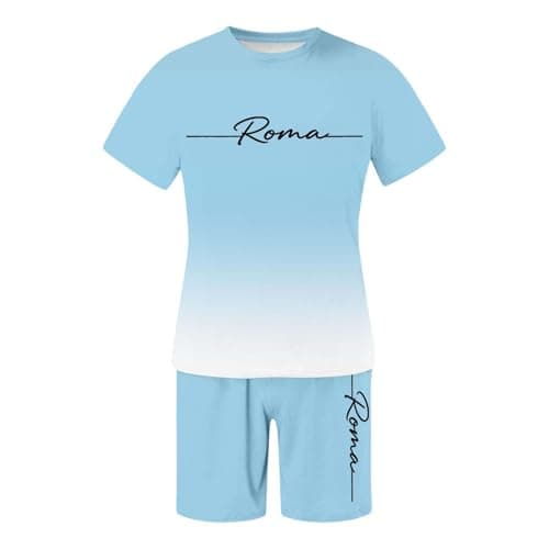 Mens Shorts Set Summer Beach Tracksuits Casual Short Sleeve Muscle Tee Shirts and Classic Fit Sport Shorts Set Tracksuit Sportwear Suits 2 Piece Travel Airport Outfits Jogging (#001 Light Blue,XXS) — view 4
