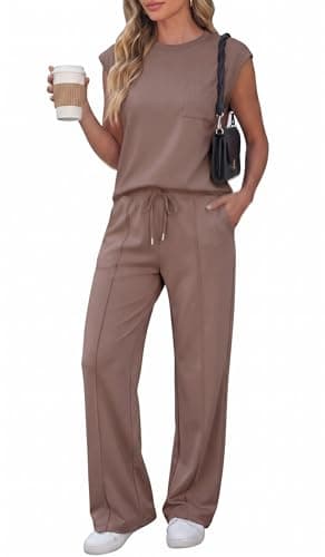 PQCHAOQ Tracksuit Womens Full Set Summer Airport Two Piece Travel Outfits Lounge Wear Casual Cap Sleeve Top & Wide Leg Trousers with Pockets (L,Brown)