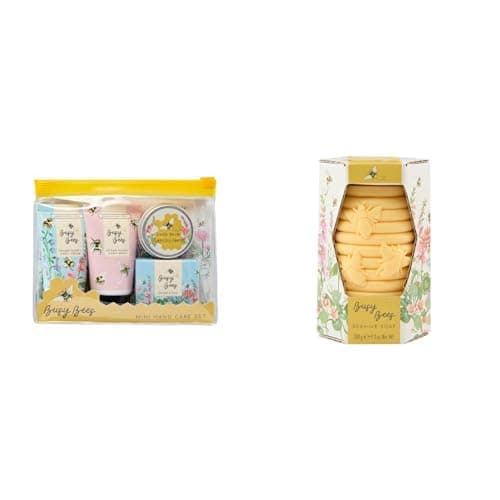 Heathcote & Ivory Hand Cream and Wash 30ml, Balm 9g, Soak 30g, Moisturiser Set in Reusable Travel Pouch+Heathcote & Ivory Soap 280g, Orange Blossom and Honey Fragrance, Busy Bees Beehive Soap Bar