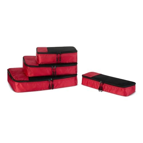 Amazon Essentials 4-Piece Packing Cubes Travel Accessories Set, Luggage Organiser with Double Zip, Mesh Top, Polyester, Small/Medium/Large/Slim, Red (Previously Amazon Basics)