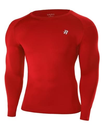 Runhit Men's Red Long Sleeve Compression Top, Crew Neck Sports Base Layer Shirts UPF 50+, Quick Dry Mens Undershirt for Fitness Motorcycle Rugby Workout M