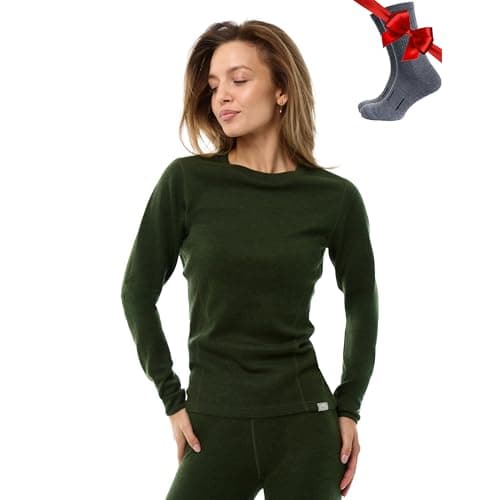 100% Merino Wool Base Layer Womens - Long Sleeve Thermal Shirts + Socks (Small, 320 Army Green)