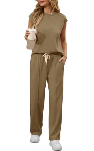 GRECERELLE Two Piece Outfits Women Summer Short Sleeve Tracksuit Womens Full Set Lounge Wear Sets for Women Casual Crew Neck Cap Sleeve Tops and Jogging Bottoms with Pockets(Khaki, M) — view 6