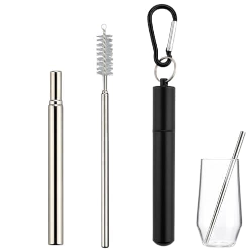 Metal Straws Reusable with Case and Cleaning Brush, Stainless Steel Collapsible Telescopic Drinking Straw, Portable Travel Metal Straw Set for Home Office and Travel Use (Black)