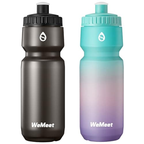 WEMEET Lightweight Bike Water Bottle 700ml, BPA Free, Cycling Squeeze Bottle, Leak Proof Sport Water Bottle with Capacity Scale, for Cycling, Gym (Black & Green Pink Purple, 2 Pack)