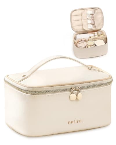 Prite Makeup Bag Toiletry Case for Women with Brush Holder, Beige, Standard
