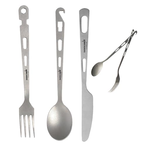 Dawn Deer Titanium Fork Spoon Knife Set - Camping Tongs | Ultralight Backpacking Utensils, Travel Cutlery Set, Heat-Resistant & Rustproof, Hiking Survival Gear (Spoon + Fork + Knife)