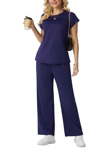 GRECERELLE Two Piece Outfits Women Summer Travel Vacation Tracksuit Womens Full Set Short Sleeve Casual Crew Neck Cap Sleeve Front Plisse Matching Sets Wide Leg Pants (Navy Blue, L) — view 4