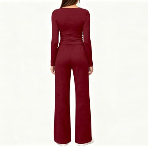 Travel Sets for Women Burgundy 2 Piece Co Ord Outfit Set Long Sleeve Top with Drawstring Wide Leg Pants Airport Travel Outfit Casual Holiday Clothes for Women UK Home Travel Streetwear Size L — view 3