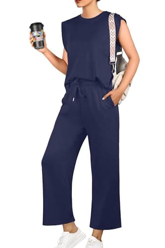GRECERELLE Womens 2 Piece Outfits Summer Tracksuit Full Set Casual Travel Outfit Crew Neck Coords Sets Lounge Wear Sets Cap Sleeve Top And Long Trousers With Pockets for Women UK (Navy Blue, M)