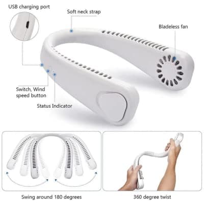 Portable Neck Fan Hands-Free Bladeless USB Rechargeable Hanging Wireless with 3 Speeds Personal Cooling Fan for Women Travel Outdoor White — view 2