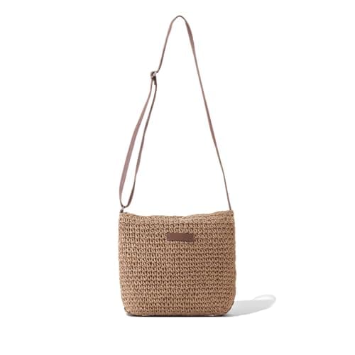Businey Straw Bag for Women, Summer Straw Beach Crossbody Bags for Women with Zipper Adjustable Strap, Bohemian Weave Handmade Shoulder Handbags for Holiday Beach Travel
