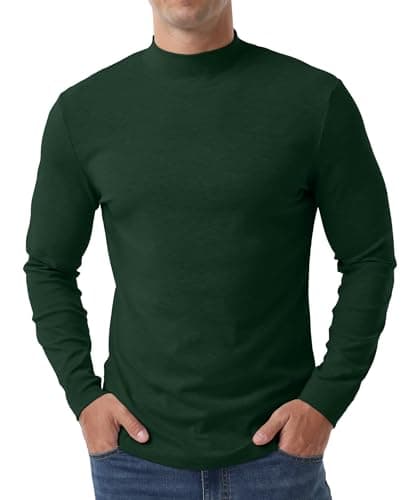 Hisir Men's Thermal Top, Mock Neck Cotton Base Layer, Dark Green, L