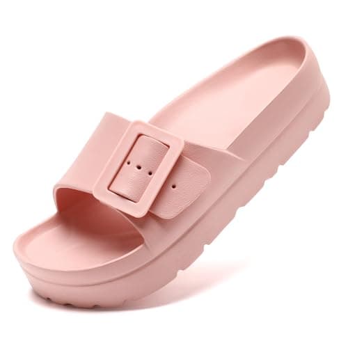 Waysoland Platform Sandals for Women with Arch Support Comfortable Slides Thick Soles Flat Sandals With Adjustable Buckle & Ultra Cushion(Pink,6 UK)