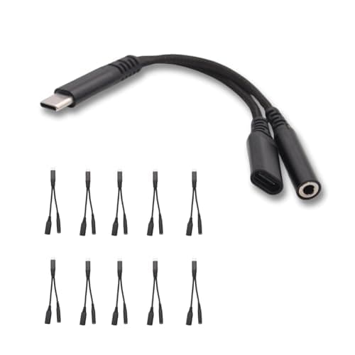AJPARTS UK USB-C to 3.5mm Jack + Charging Splitter Cable – Short Adapter for Headphones + Power – Ideal for Travel, Car, Work & Gaming – 13.5cm BLACK (10 Pack)