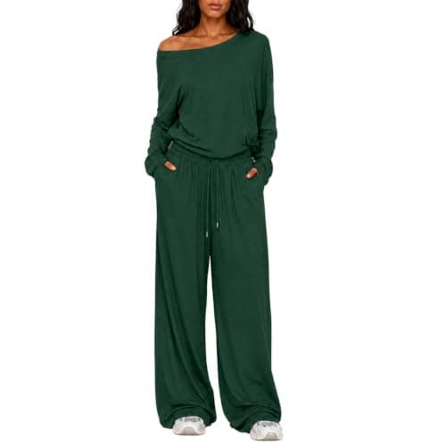Womens Travel Outfits Green Two Piece with Wide Leg Trousers — view 2