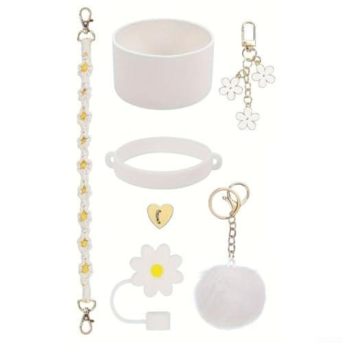 CWOQOCW 7PCS Silicone Cup Strap Set Designed for 30 Ounce and 40 Ounce For Water Bottles with Wool Ball Pendant for Enhanced Portability (white) — view 4