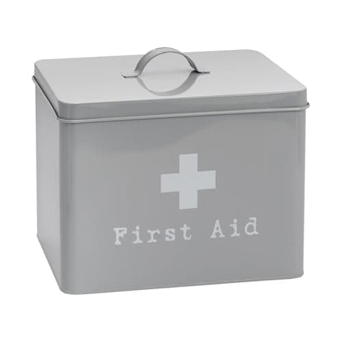 Harbour Housewares Vintage Metal First Aid Box - 29cm - Grey - Medical Storage Tin with Airtight Lid, Handle & 2-Tier Removable Organiser Tray - Steel Medicine Storage Plasters, Pills & Essentials