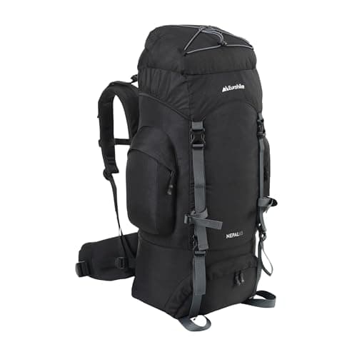Eurohike Nepal 65 Litre Rucksack with Ventilated Back Panel & Padded Harness, 65L Backpack, Bag for Men & Women, Adjustable, Lightweight, Camping, Hiking, Trekking, Travelling, Outdoors, Black