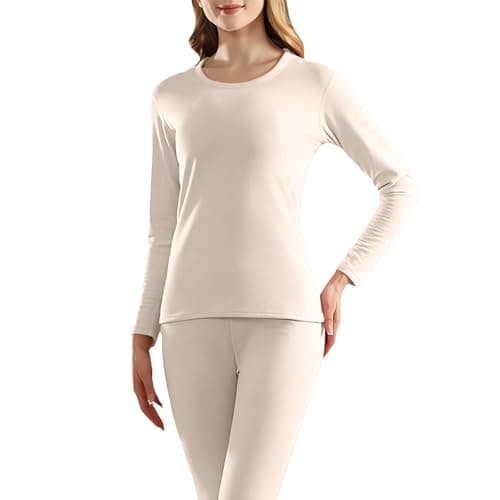 Thermal Underwear Set Women, Fleece Lined Base Layer Long Johns, Long Sleeved Top with Crew Neck, Ladies Warm Underlayer Suit Soft Tops & Bootoms for Ski Cold Weather Beige — view 2