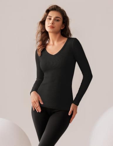 Harlamvar Women Micro Fleece Lined Tops Long Sleeve Tops V Neck Base Layer — view 4