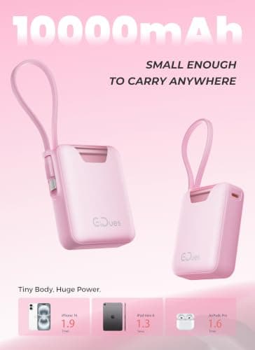 Gidues M1 Mini Portable Charger, 10000mAh Ultra-Compact Power Bank, 22.5W PD Fast Charging, Tpye-C Built-in Cable, Small External Battery Pack for iPhone, Samsung, Android iPad (Pink) — view 2