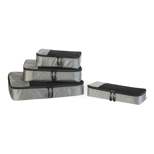 Amazon Essentials 4-Piece Packing Cubes Travel Accessories Set, Luggage Organiser with Double Zip, Mesh Top, 100% Polyester, Small/Medium/Large/Slim, Grey (Previously Amazon Basics)
