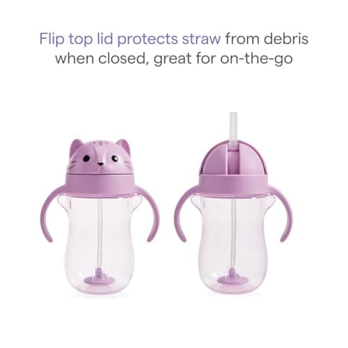Munchkin Any Angle Spill Proof Weighted Straw Trainer Cup | Transition Sippy Cups for Toddlers and Babies | Click Lock Technology & Fun Animal Design | Baby led Weaning | 296ml | Cat — view 5