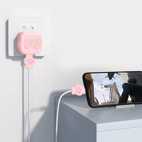 DiyGody Protector Set Compatible for iPhone 18/20W Charger Plug, Phone Charger Protective Cover for UK Apple Type-C/L Power Adapter, Data Cable Case Wire Saver with Cute Bow Tie Design for Girls, Pink — view 6