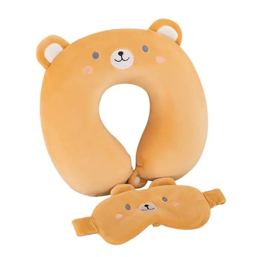 Travel Pillow Kids Travel Pillow with Sleep Eye Mask Cute Neck Pillow for Travel Soft Memory Foam Travel Neck Pillow for Adults and Kids Airplane Sleeping Travel and Camping (brown bear)