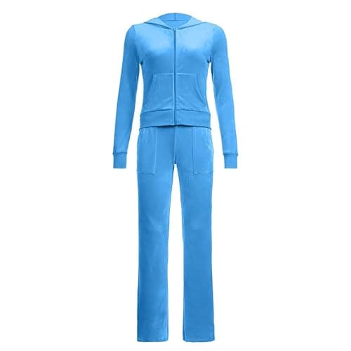Womens Velour Tracksuits Set Sweatsuit Long Sleeve Zip Up Hoodie Top and Jogging Pants 2 Piece Sports Outfits Casual Loungewear Ladies Velvet Jogger Suit Sportswear for Ladies (Sky Blue, M) — view 4