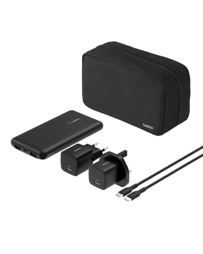 Belkin Portable Charger, 5-in-1 Power Bundle with 10000 mAh Power Bank, 2-25W USB-C Charging Block, EU/UK Plug, 60W USB-C Cable, and Travel Pouch – Fast Charging for Multiple Devices, Compact Design