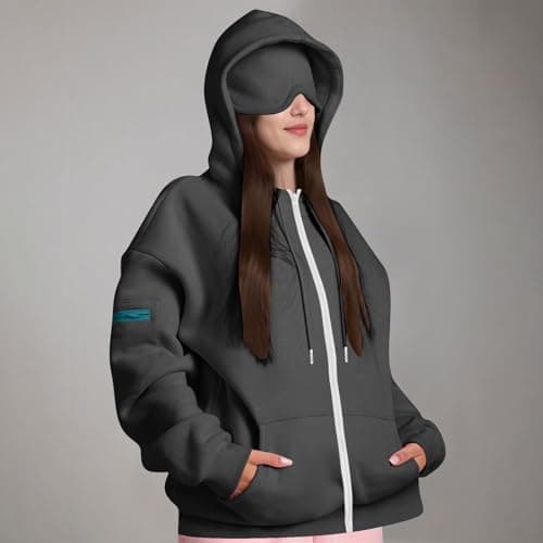 Womens Travel Hoodie with Eye Mask,Hoodies for Women Oversized Hoodie Zip Up Sweatshirts Plain Sweatshirt Jacket Casual Long Sleeve Coat with Pockets Autumn Thermal Fleece OuterwearLadies Outfit — view 3