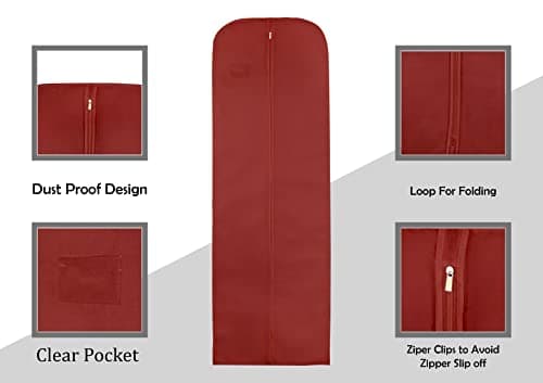 Wedcova Dress Bag | Hanging Garment Bags | Full Length Travel Covers | Long Clothes Storage Cover with Zipper for Women | Wedding Coat & Suits Carrier | 72 Inch (182cm) | Pack of 5 | Maroon — view 4